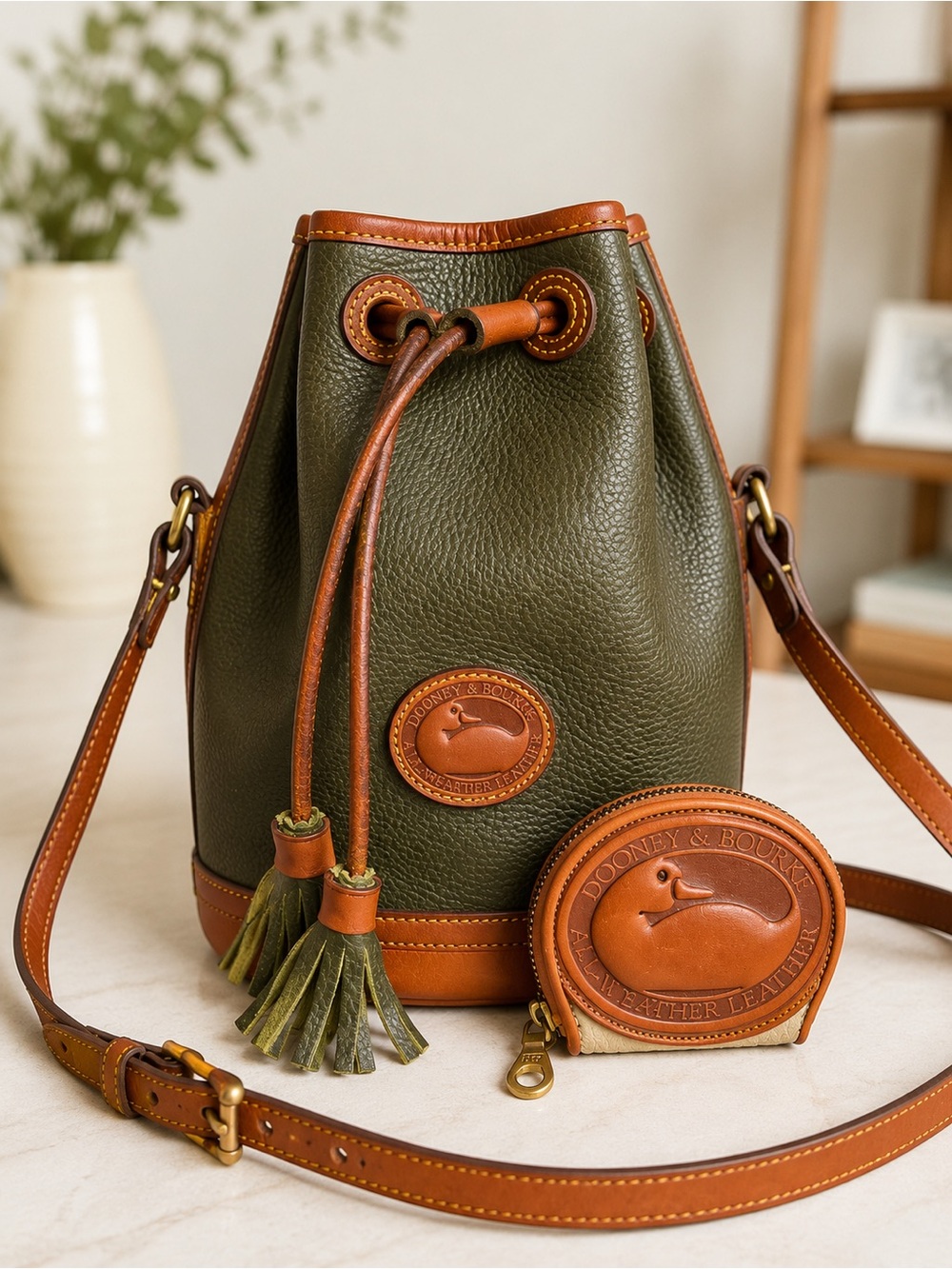 Dooney & Bourke Olive Green and Tan Leather Drawstring Bucket Crossbody